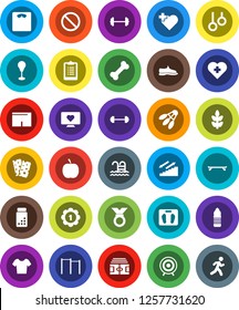 White Solid Icon Set- diet vector, barbell, scales, stadium, clipboard, pills vial, horizontal bar, punching bag, snickers, shorts, t shirt, skateboard, target, medal, water bottle, stairways run
