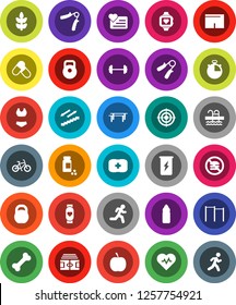 White Solid Icon Set- diet vector, barbell, heart pulse, stadium, stopwatch, pills vial, bike, weight, hand trainer, horizontal bar, shorts, swimsuite, target, enegry drink, monitor, water bottle