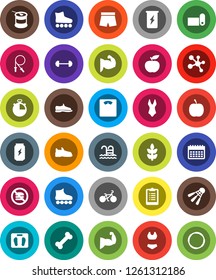 White Solid Icon Set- diet vector, barbell, scales, stopwatch, clipboard, bike, jump rope, muscule hand, snickers, shorts, swimsuite, roller Skates, sports nutrition, enegry drink, molecule, cereals