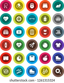 White Solid Icon Set- diet vector, scales, heart pulse, stadium, stopwatch, clipboard, weight, jump rope, fitball, shorts, swimsuite, t shirt, roller Skates, skateboard, medal, pills, monitor, pool