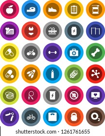White Solid Icon Set- diet vector, barbell, measuring, scales, clipboard, bike, weight, jump rope, hand trainer, horizontal bar, punching bag, snickers, swimsuite, pills, sports nutrition, molecule