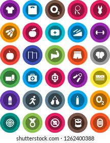 White Solid Icon Set- diet vector, barbell, scales, jump rope, hand trainer, horizontal bar, punching bag, muscule, boxing glove, shorts, swimsuite, t shirt, target, medal, sports nutrition, breads
