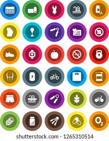 White Solid Icon Set- diet vector, scales, pills vial, bike, weight, hand trainer, punching bag, buttocks, snickers, shorts, swimsuite, sports nutrition, enegry drink, heart monitor, calendar, pool