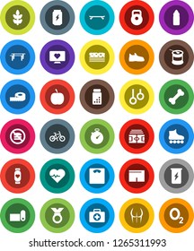 White Solid Icon Set- diet vector, measuring, scales, heart pulse, stadium, stopwatch, pills vial, bike, weight, horizontal bar, buttocks, snickers, shorts, roller Skates, skateboard, medal, monitor