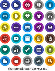 White Solid Icon Set- diet vector, barbell, measuring, scales, heart pulse, clipboard, bike, jump rope, hand trainer, punching bag, buttocks, boxing glove, t shirt, roller Skates, skateboard, pills