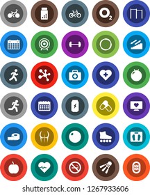 White Solid Icon Set- diet vector, barbell, measuring, scales, heart pulse, pills vial, bike, horizontal bar, fitball, buttocks, roller Skates, target, enegry drink, molecule, calendar, shuttlecock