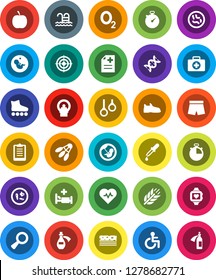 White Solid Icon Set- diet vector, heart pulse, stopwatch, clipboard, snickers, shorts, roller Skates, target, monitor, cereals, breads, shuttlecock, pool, first aid kit, gymnast rings, oxygen, dna