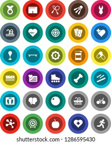 White Solid Icon Set- diet vector, scales, heart pulse, bike, jump rope, punching bag, fitball, boxing glove, shorts, swimsuite, roller Skates, skateboard, target, medal, pills, sports nutrition
