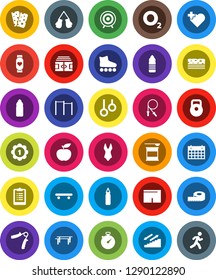 White Solid Icon Set- diet vector, measuring, stadium, stopwatch, clipboard, weight, jump rope, hand trainer, horizontal bar, punching bag, boxing glove, shorts, swimsuite, roller Skates, skateboard