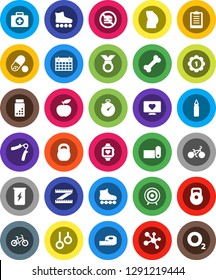White Solid Icon Set- diet vector, measuring, stopwatch, clipboard, pills vial, bike, weight, hand trainer, punching bag, buttocks, roller Skates, target, medal, enegry drink, molecule, calendar