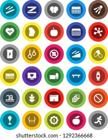 White Solid Icon Set- diet vector, measuring, heart pulse, punching bag, buttocks, boxing glove, shorts, skateboard, medal, pills, enegry drink, molecule, monitor, calendar, stairways run, cereals