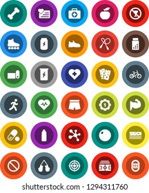 White Solid Icon Set- diet vector, heart pulse, stadium, pills vial, bike, jump rope, fitball, muscule hand, snickers, boxing glove, shorts, roller Skates, target, medal, enegry drink, molecule, run