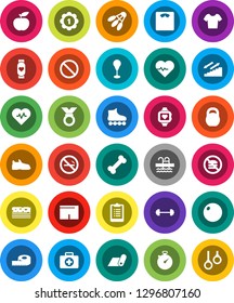 White Solid Icon Set- diet vector, barbell, measuring, scales, heart pulse, stopwatch, clipboard, weight, punching bag, fitball, snickers, shorts, t shirt, roller Skates, medal, monitor, fitness mat