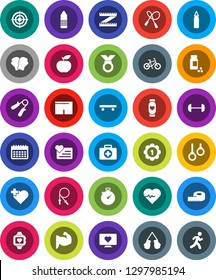 White Solid Icon Set- diet vector, barbell, measuring, heart pulse, stopwatch, pills vial, bike, jump rope, hand trainer, punching bag, muscule, boxing glove, shorts, skateboard, target, medal, run