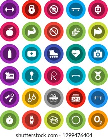 White Solid Icon Set- diet vector, barbell, heart pulse, stadium, stopwatch, weight, jump rope, hand trainer, horizontal bar, punching bag, muscule, roller Skates, skateboard, medal, monitor, pool