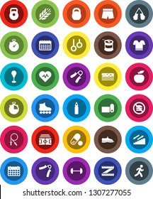 White Solid Icon Set- diet vector, barbell, measuring, heart pulse, stadium, stopwatch, weight, jump rope, hand trainer, punching bag, snickers, boxing glove, shorts, t shirt, roller Skates, pills