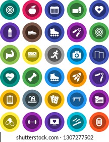 White Solid Icon Set- diet vector, barbell, heart pulse, clipboard, hand trainer, horizontal bar, muscule, snickers, roller Skates, target, pills, water bottle, calendar, stairways run, fitness mat
