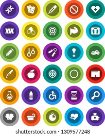 White Solid Icon Set- diet vector, scales, stopwatch, hand trainer, punching bag, muscule, boxing glove, shorts, target, pills, water bottle, breads, prohibition sign, hoop, gymnast rings, disabled