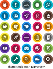 White Solid Icon Set- diet vector, barbell, stopwatch, clipboard, bike, weight, jump rope, hand trainer, punching bag, fitball, muscule, swimsuite, roller Skates, medal, pills, sports nutrition