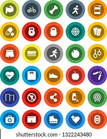 White Solid Icon Set- diet vector, scales, heart pulse, pills vial, bike, weight, hand trainer, horizontal bar, fitball, muscule, snickers, shorts, roller Skates, target, sports nutrition, molecule