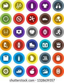 White Solid Icon Set- diet vector, measuring, scales, pills vial, weight, punching bag, muscule hand, buttocks, snickers, boxing glove, t shirt, roller Skates, medal, sports nutrition, molecule
