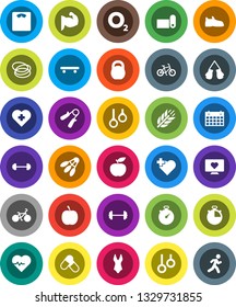 White Solid Icon Set- diet vector, barbell, scales, heart pulse, stopwatch, bike, weight, hand trainer, muscule, snickers, boxing glove, swimsuite, skateboard, pills, calendar, fitness mat, cereals
