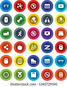 White Solid Icon Set- diet vector, measuring, scales, clipboard, weight, horizontal bar, boxing glove, shorts, roller Skates, skateboard, medal, pills, enegry drink, molecule, calendar, fitness mat