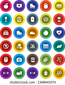 White Solid Icon Set- diet vector, barbell, stadium, clipboard, weight, jump rope, punching bag, fitball, snickers, swimsuite, roller Skates, pills, sports nutrition, enegry drink, calendar, cereals