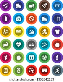 White Solid Icon Set- diet vector, scales, heart pulse, stopwatch, clipboard, bike, hand trainer, horizontal bar, muscule, shorts, swimsuite, t shirt, roller Skates, target, medal, pills, molecule