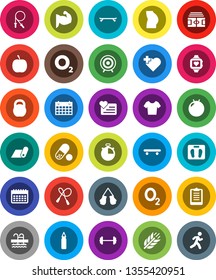 White Solid Icon Set- diet vector, barbell, scales, stadium, stopwatch, clipboard, weight, jump rope, punching bag, fitball, muscule hand, buttocks, boxing glove, t shirt, skateboard, target, pills