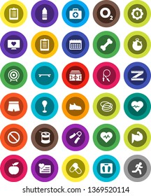 White Solid Icon Set- diet vector, measuring, scales, heart pulse, stadium, stopwatch, clipboard, jump rope, hand trainer, punching bag, muscule, snickers, shorts, skateboard, target, medal, pills