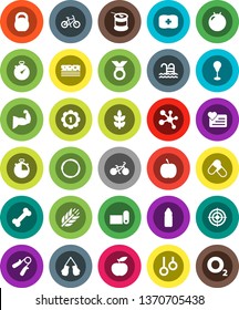 White Solid Icon Set- diet vector, stopwatch, bike, weight, hand trainer, punching bag, fitball, muscule, boxing glove, target, medal, pills, sports nutrition, molecule, water bottle, fitness mat
