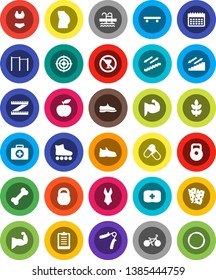White Solid Icon Set- diet vector, measuring, clipboard, bike, weight, hand trainer, horizontal bar, muscule, buttocks, snickers, swimsuite, roller Skates, skateboard, target, pills, calendar, pool