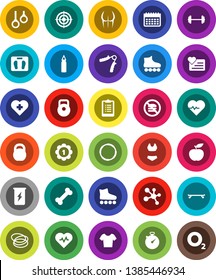 White Solid Icon Set- diet vector, barbell, scales, heart pulse, stopwatch, clipboard, weight, hand trainer, punching bag, buttocks, swimsuite, t shirt, roller Skates, skateboard, target, medal