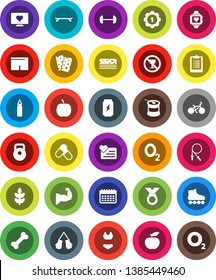 White Solid Icon Set- diet vector, barbell, clipboard, bike, weight, jump rope, punching bag, muscule hand, boxing glove, shorts, swimsuite, roller Skates, skateboard, medal, pills, sports nutrition