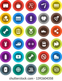 White Solid Icon Set- diet vector, barbell, measuring, clipboard, jump rope, hand trainer, muscule, snickers, boxing glove, shorts, swimsuite, roller Skates, target, medal, pills, sports nutrition