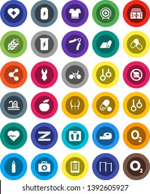 White Solid Icon Set- diet vector, measuring, scales, heart pulse, stadium, clipboard, bike, hand trainer, horizontal bar, punching bag, buttocks, swimsuite, t shirt, target, pills, enegry drink