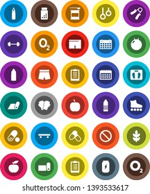 White Solid Icon Set- diet vector, barbell, scales, clipboard, pills vial, hand trainer, punching bag, fitball, boxing glove, shorts, roller Skates, skateboard, sports nutrition, enegry drink