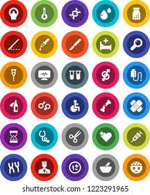White Solid Icon Set- disabled vector, heart cross, doctor, thermometer, vial, gender sign, dna, magnifier, syringe, dropper, crutches, scissors, scalpel, broken bone, sand clock, patch, stethoscope