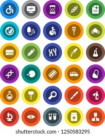 White Solid Icon Set- disabled vector, flask, vial, eye, dna, magnifier, pregnancy, insemination, syringe, dropper, crutches, scalpel, sand clock, pills, bottle, blister, microscope, chromosomes