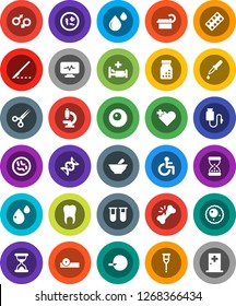 White Solid Icon Set- disabled vector, heart cross, vial, gender sign, dna, insemination, dropper, crutches, scissors, scalpel, broken bone, sand clock, pills bottle, blister, mortar, eye doctor hat