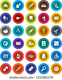White Solid Icon Set- disabled vector, thermometer, gender sign, magnifier, pregnancy, syringe, crutches, scissors, scalpel, broken bone, patch, stethoscope, pills, bottle, mortar, eye doctor hat