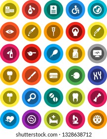 White Solid Icon Set- disabled vector, heart pulse, eye, magnifier, pregnancy, insemination, dropper, crutches, scalpel, broken bone, pills, bottle, doctor hat, microscope, microbs, chromosomes