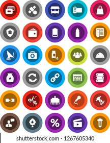 White Solid Icon Set- dish vector, cereal, book, schedule, credit card, wallet, pills vial, water bottle, first aid kit, satellite, cinema clap, satellitie, speaking man, link, group, battery, phone