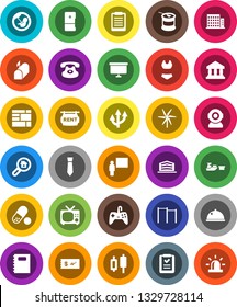 White Solid Icon Set- dish vector, copybook, blackboard, clipboard, bank, japanese candle, presentation board, tie, horizontal bar, swimsuite, pills, sports nutrition, port, consolidated cargo, tv