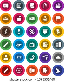White Solid Icon Set- dish vector, book, pen, ruler, manager, presentation board, safe, diet, hand trainer, horizontal bar, punching bag, document, tulip, big scales, tv, video camera, flask, hub