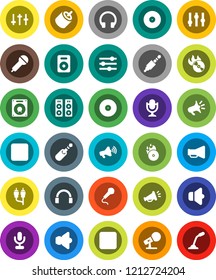 White Solid Icon Set- disk vector, music hit, microphone, speaker, loudspeaker, settings, headphones, pause button, rec, rca, jack, equalizer