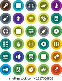 White Solid Icon Set- disk vector, music hit, microphone, speaker, loudspeaker, settings, headphones, pause button, forward, rec, rca, jack, equalizer