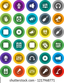 White Solid Icon Set- disk vector, music hit, microphone, speaker, loudspeaker, settings, headphones, pause button, forward, rec, rca, jack, equalizer