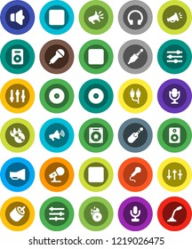 White Solid Icon Set- disk vector, music hit, microphone, speaker, loudspeaker, settings, headphones, pause button, forward, rec, rca, jack, equalizer